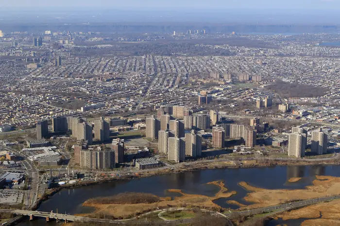 An arial view of the Bronx from an airplane.